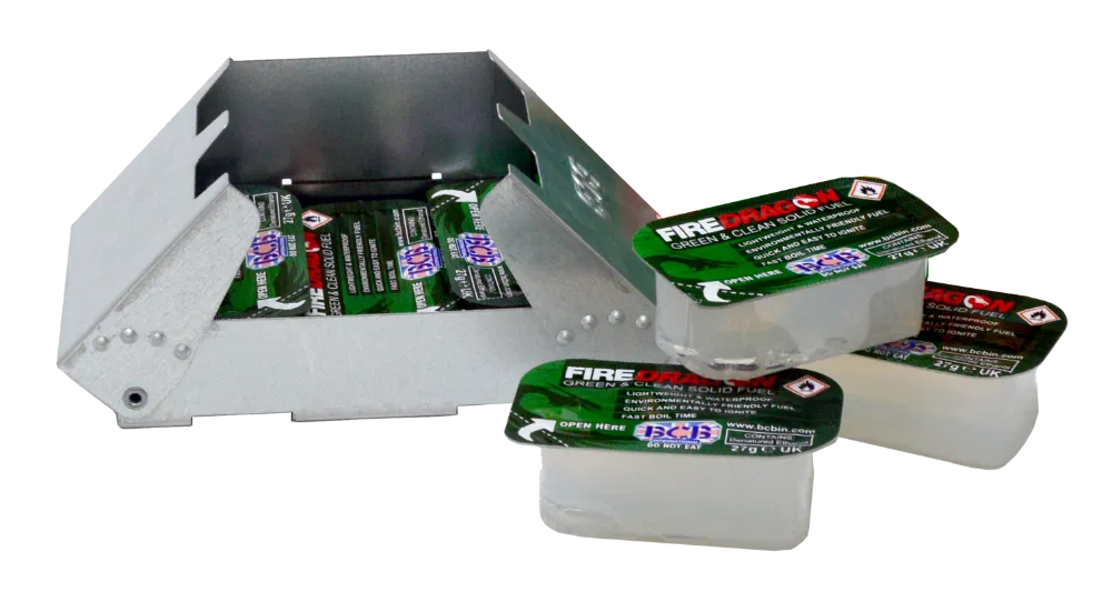 British Army BCB Fire Dragon Multi Fuel Field Cooker/Stove & Windbreaker x 2 & Eco Friendly, Non Toxic, Clean & Green Solid Gel Fuel Blocks x 36. Camping, Bushcraft, Military, Cadets, Hiking MRE Ration Cooking Set.