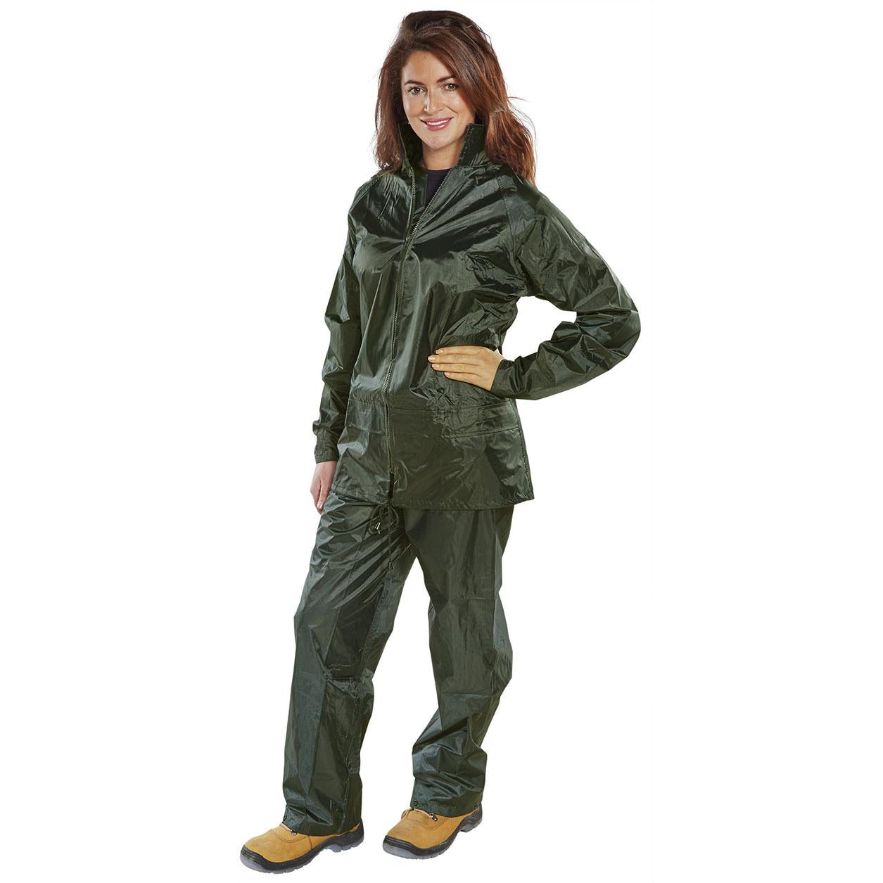 B-Dri Waterproof Unisex 2 Piece Rain Suit. Jacket & Trousers. Olive Green. Medium.