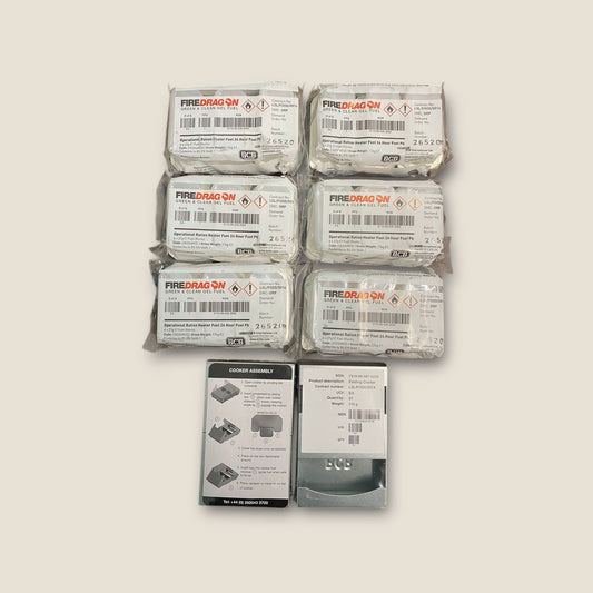 British Army BCB Fire Dragon Multi Fuel Field Cooker/Stove & Windbreaker x 2 & Eco Friendly, Non Toxic, Clean & Green Solid Gel Fuel Blocks x 36. Camping, Bushcraft, Military, Cadets, Hiking MRE Ration Cooking Set.